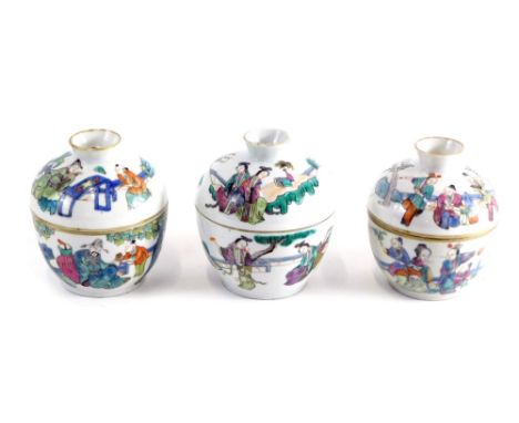 Various Chinese Republic style lidded rice bowls, profusely decorated with polychrome figures, 12cm high, etc., orange seal m