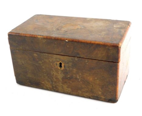 A 19thC burr walnut tea caddy, of rectangular form, with part fitted interior, 10cm high, 20cm wide, 11cm deep. (AF) 