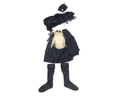 A Black Watch Tartan kilt, with sash, scarf, tie, and socks, all in Black Watch Tartan, sizes unknown, and an associated spor