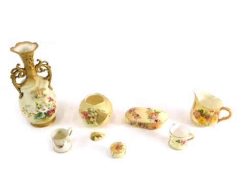 Various 20thC Royal Worcester and other porcelain blush ivory wares, jug, miniature tyg, 5cm high, box and cover, etc., other