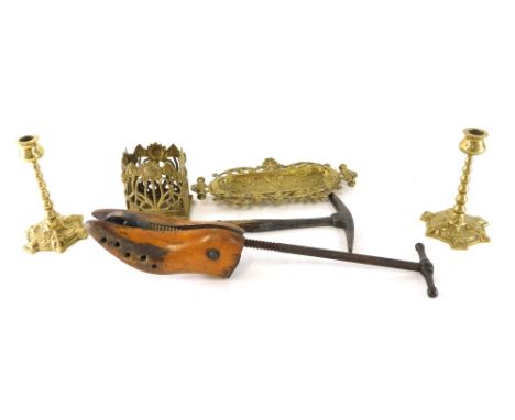 Various brassware, adjustable boot last, candlestick, brass dish, 23cm wide, etc. (a quantity) 