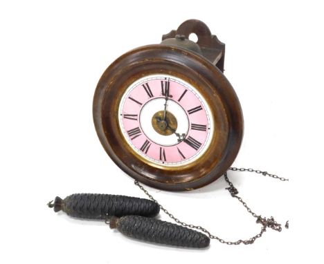 A 19thC Continental walnut alarm wall clock, with 18cm diameter enamel Roman numeric dial in pink and black, with dome shaped