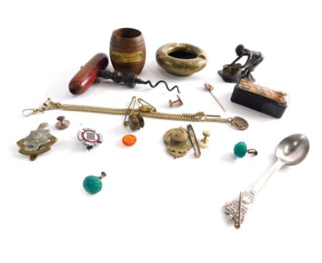 Various bygones, collectables, base metalware, etc., a barrel made from the teak of HMS Warspite, with raised metal plaque, 6