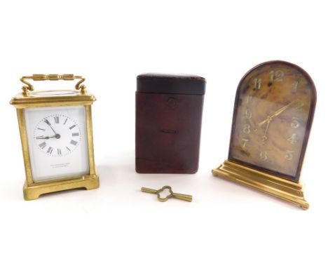 A 20thC brass carriage clock, with 6cm wide plate, by W. E. Harrison, centred with Roman numeric dial, with swing handle, in 