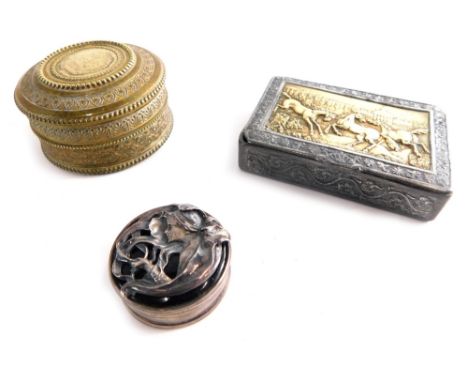 A pewter and brass snuff box, together with a silver pill box, and a brass box. 