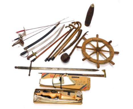 Various treen, decorative items and effects, pine ship wheel, 62cm wide, sword in scabbard, curved sword, fencing foils, vari