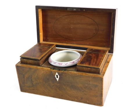 An early 19thC mahogany tea caddy, of rectangular form with a herringbone inlay, revealing associated mixing bowl and removab