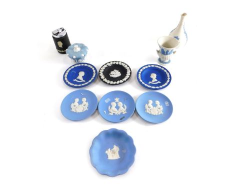 Various Wedgwood blue Jasperware pottery, Queen Elizabeth II saucer, 12cm diameter, crown shaped jar and cover, table lighter