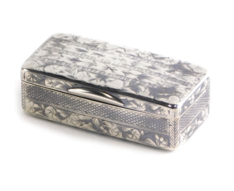 A 19thC silver gilt snuff box, with niello type decoration, thumb mould handle and later engine turning, with plain interior,