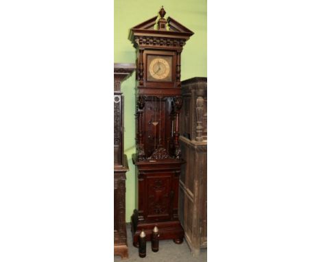 ^ A German mahogany striking longcase clock, square brass dial with retailers signature F.X Wildenauer, Munchen