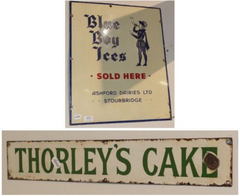 ^ A single sided enamel advertising sign, Thorleys Cake, 10cm by 61cm; and a single sided enamel advertising sign, Blue Boy I