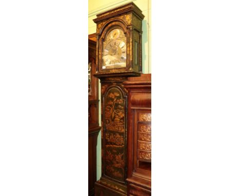 ^ A Chinoiserie eight-day longcase clock, mid-18th century, arch brass dial with an oval silvered plaque signed Henry Webster