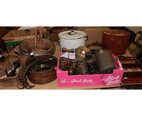 ^ An enamel bread bin; a wicker basket; a metal hat box; metal skillets; a Mr Culpepper's spice rack with spice jars;  box of