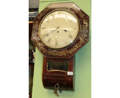 A mahogany brass inlaid drop dial wall clock, early 19th century 
