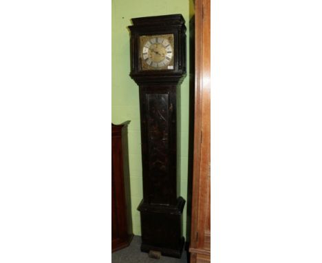 ~ A pine Japanned single hand thirty hour longcase clock, 18th century, 10-inch square brass dial with a silvered chapter rin