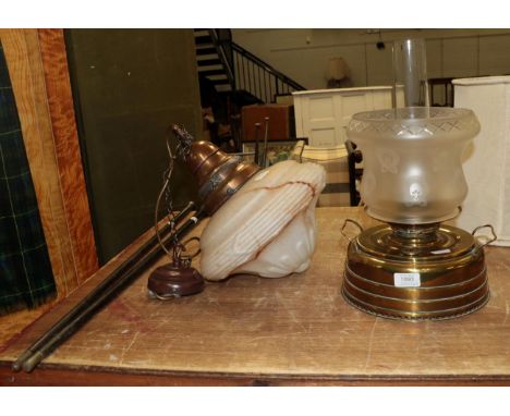 An Ardent brass heating lamp with etched moulded shade, together with a marbled glass ceiling light (2)