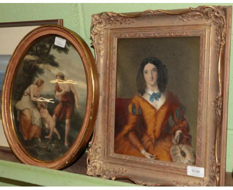 After John Bridges, portrait of a lady with a fan; together with a classical scene oval print, the cutting of Cupid's wings (