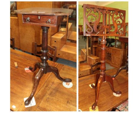 ^ A George III mahogany tripod table (adapted), fitted a single frieze drawer, 75cm high; and a late Victorian mahogany music