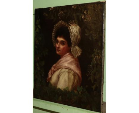 Attributed to Charles Sillen Lidderdale (1830-1895), Portrait of a lady in a white bonnet, oil on canvas, bears inscription t