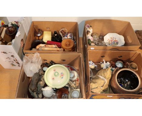 Five boxes including onyx clock set; assorted glassware; Japanese ceramics; Staffordshire figures etc 