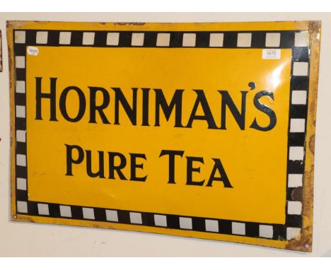 ^ A single sided enamel advertising sign, Hornimans Pure Tea, 50cm by 74cm 