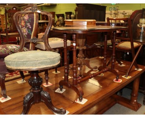 ^ A Victorian walnut chess top occasional table; a late Victorian revolving music seat; and an Edwardian beech spindle turned