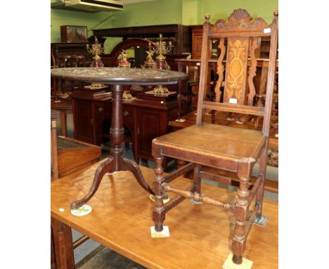 ^ A George III oak flip top tripod table, later carved; and an oak hall chair (2) 