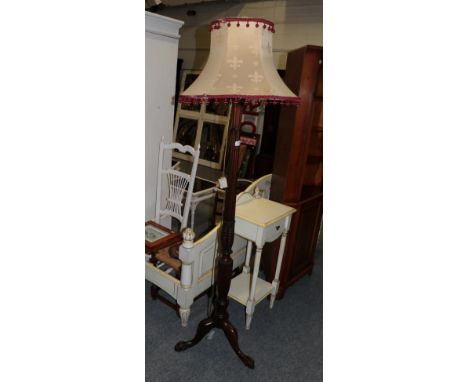 Carved mahogany standard lamp; rush seated chair; stool, child's chair, two maple framed prints, oak plaque Arms of Huddersfi