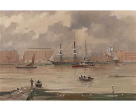 Ewart Oakeshott (British, 1916-2002) oil on canvas of a busy harbour, signed and dated '77 to the lower right, 50cm x 75.5cm;
