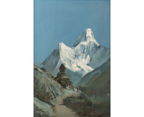 Ramananda N Joshi (Nepalese, act. 1960s-1980s) oil on canvas depicting Ama Dablam, signed to the lower right, 52cm x 34.5cmNo