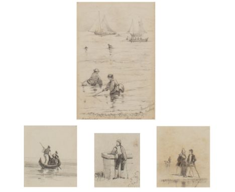 Attributed to George Price Boyce (1826-1897) 'Hastings, Shrimpers', pencil sketch, titled in pencil, 9cm x 6.5cm overall and 