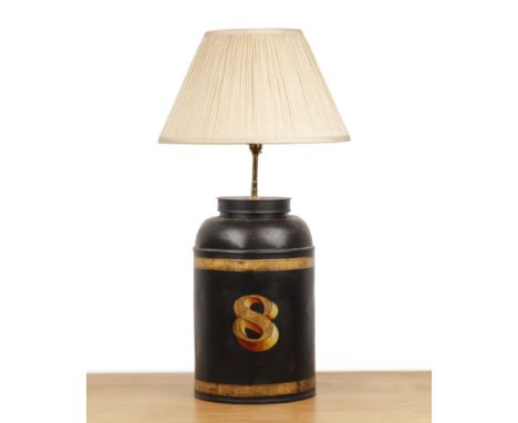 Grocers tea canister 19th Century, 'no.8', converted to a lamp with pleated shade, 78cm high overall  Bumps and scratches, ch