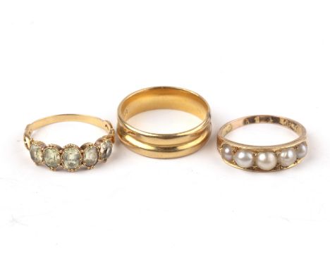 Three gold rings comprising an 18ct gold band, stamped 'GB 18ct', size Q/R, 6g approx overall, an indistincly marked gold rin