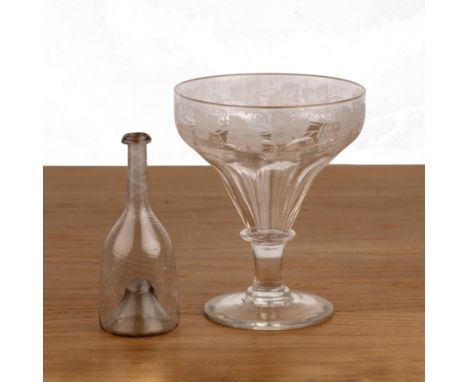 Large etched glass17.8cm high and a spiral-fluted small glass flask, 15cm high (2)  Qty: 2  Both are in good condition.