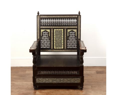 Large hall chairSyrian, early 20th Century, with bobbin panels and geometric inlaid decoration of mother of pearl and bone, p