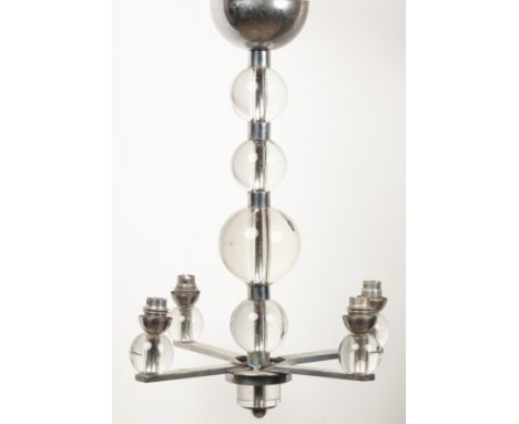 In the manner of Jacques Adnet chrome and glass hanging light fitting, with four branches suspended beneath four glass sphere