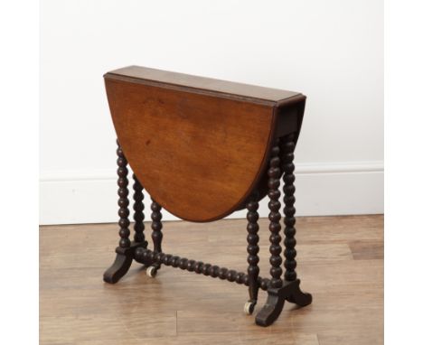 Mahogany Pembroke table on bobbin turns, legs and stretcher, 61cm deep x 59cm high x 11cm wide unextended, 83cm wide when ful