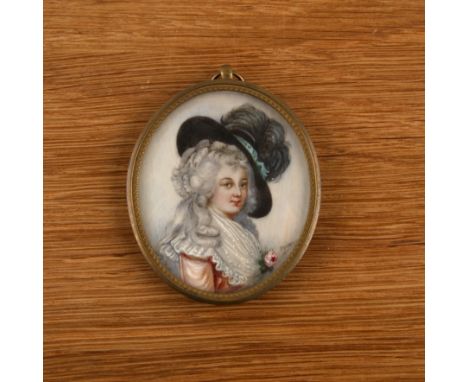 19th Century School Portrait miniature on ivory, of a seated lady wearing a hat, indistinctly signed, 6cm x 5cmIvory Licence 