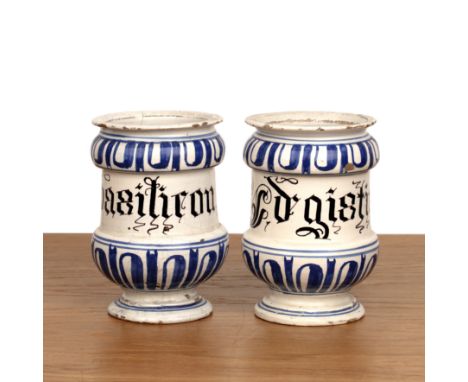 Two Maiolica jars Savona, Italy, circa 1700, the first inscribed 'Unguentem de basilicon' ('Basil ointment') and the second i