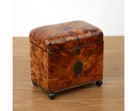 Tortoiseshell tea caddylate 18th/early 19th Century, with ivory stringing to the exterior, with twin division interior, stand