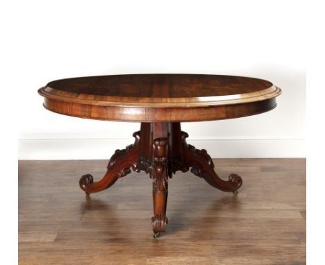 Victorian tilt-top table rosewood, with circular top, on acanthus scrolling tripod base, terminating in castors, 137cm wide a