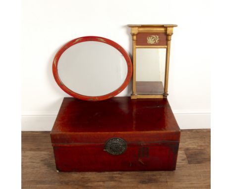 Lacquered trunk Chinese, 77cm wide, an oval wall mirror with a Japanned frame and a small Regency pier glass (3)  At present,