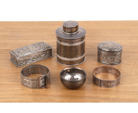 Group of miscellaneous silvercomprising a small silver banded caddy with lid, 9.5cm high, 115g approx overall, a small silver