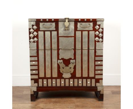 Korean chest (Bandaji)with engraved silver metal mounts and typical fall front and paper-lined interior, 90cm wide x 45cm dee