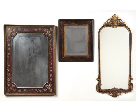 Three decorative wall mirrorstwo with painted frames, the largest 84cm x 36cm  With some wear and light marks. Reproduction (