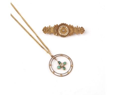 Two pieces of gold jewellery the first a possibly Edwardian pendant set with a central pearl and blue/green stones, stamped '