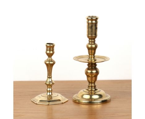 Heemskerk candlestick Dutch, brass 24cm high, together with an octagonal base candlestick, English, brass, circa 1720-30, 17c