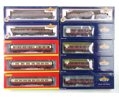 A mixed group of OO gauge passenger coaches by BACHMANN and HORNBY including Collett and Thompson examples in BR and LMS live