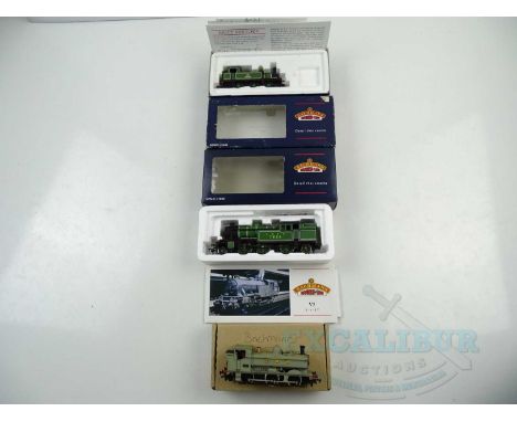 A group of BACHMANN OO gauge small steam locomotives comprising a V3 in LNER green, a J72 in BR Doncaster green and a repaint