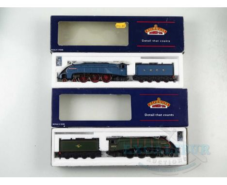 A pair of BACHMANN OO gauge class A4 steam locomotives comprising 'Miles Beevor' in LNER blue livery and 'Guillemot' in BR gr